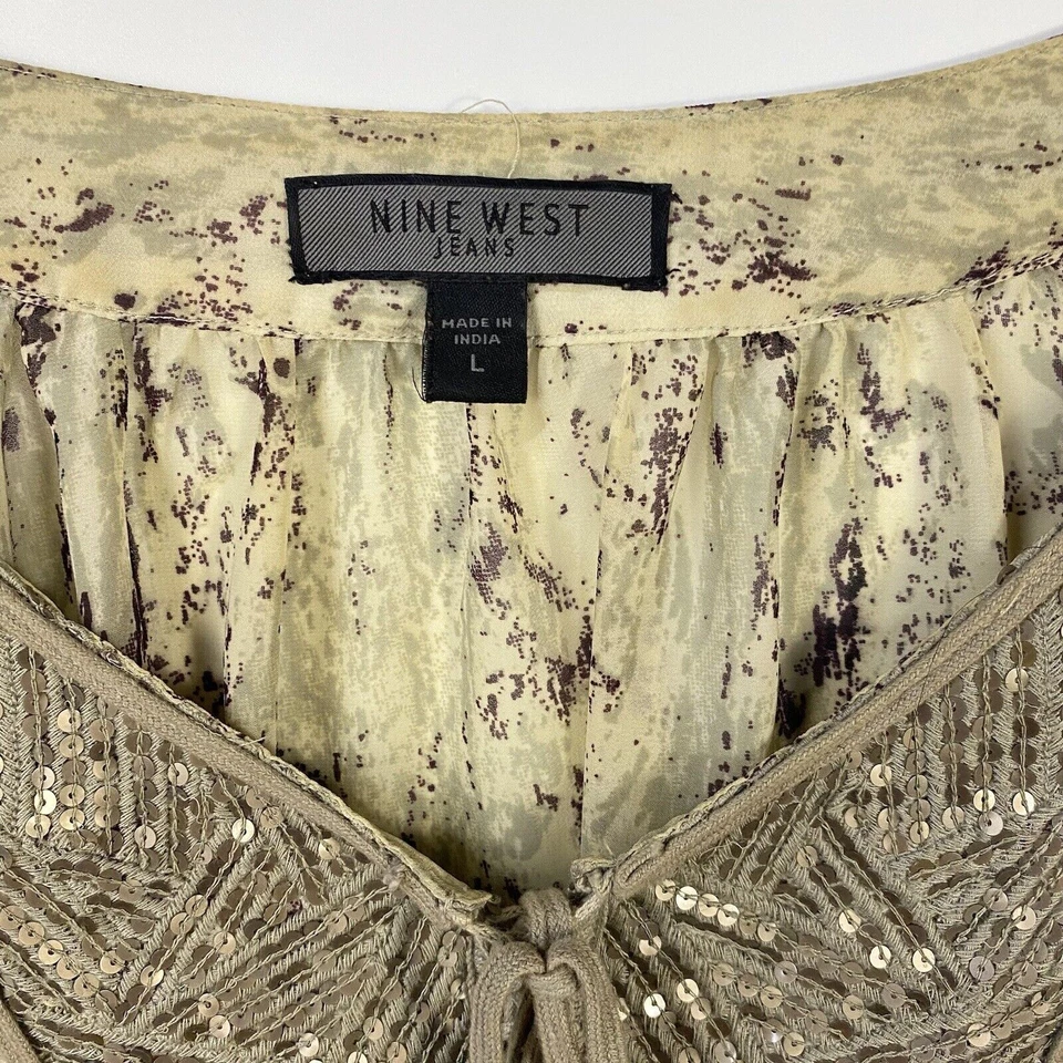 Top boho para mujer NINE WEST grande bronceado estampado animal manga larga lentejuelas Foto 4 de 4