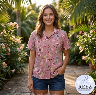 Lizwear Women's Size M 100% Rayon Pink Floral Button Down Shirt Utility Pockets