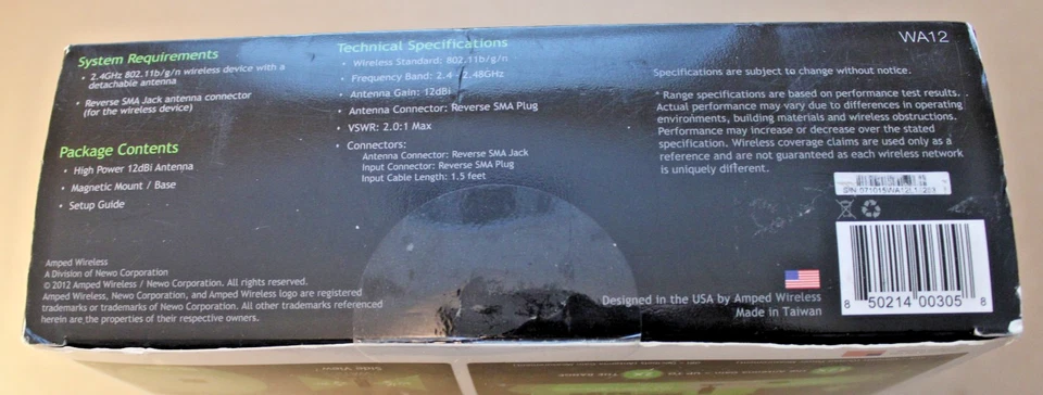 Amped WA12 Black Wireless High Power 12dBi Omni-Directional Wi-Fi Antenna - Image 3 of 4