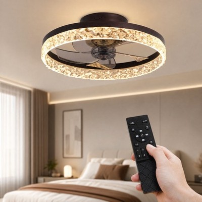 20'' Low Profile Brown Ceiling Fan with LED Light Flush Mount Remote APP Control