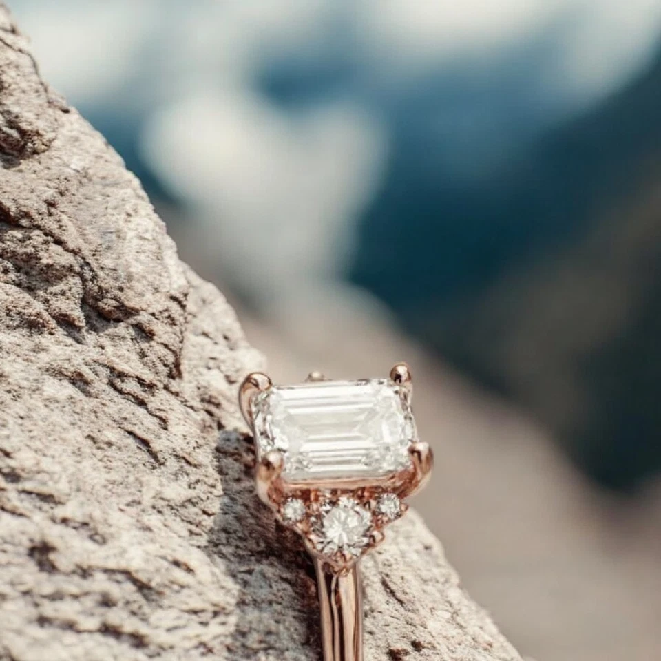 14k Rose Gold Ring For Wedding Diamond Lab Grown Emerald 1.7 Carat IGI Certified - Image 2 of 4