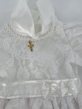 Conjunto de vestido y velo de muñeca de encaje blanco vintage bautizo primera comunión perlas y cruz