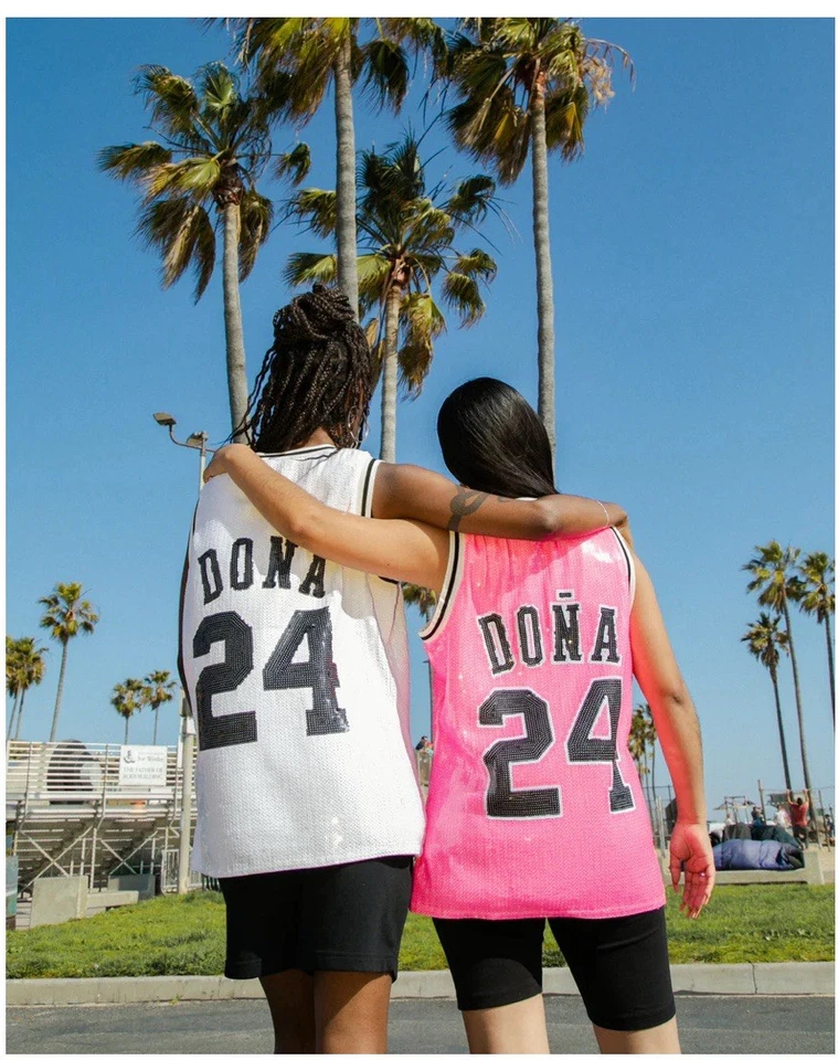 Camiseta de basquete Bella Dona lantejoulas rosa brilhante preta regata enfeitada grande - Imagem 2 de 4