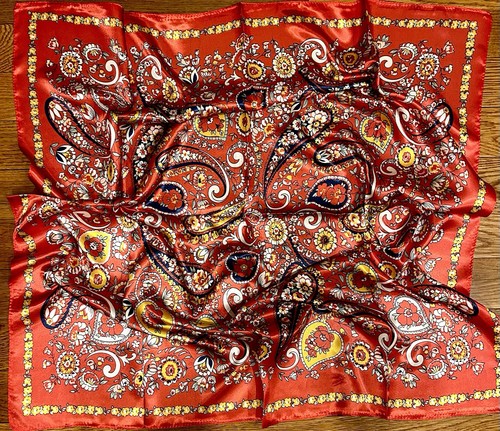 VINTAGE multicolored/ red paisley super boho print oversized silky scarf 35/35