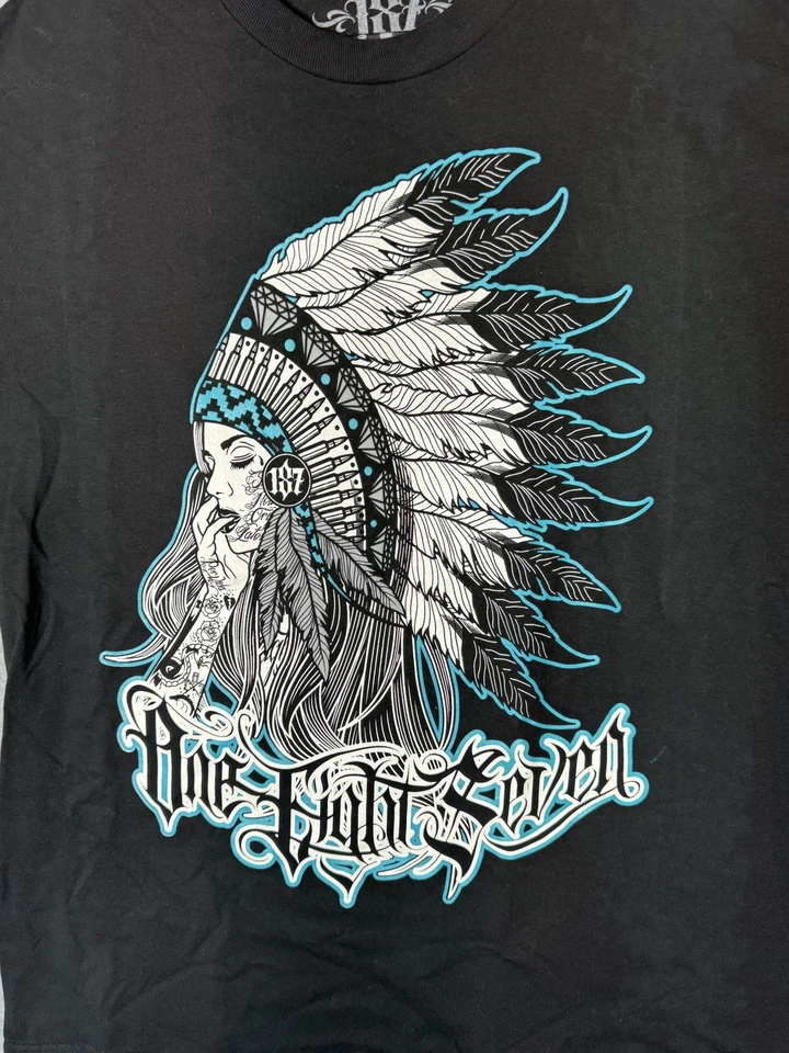 187 Avenue Shirt Mens Extra Large Black Graphic Native Feather Tattoo Tee USA - Image 2 of 4