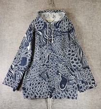 VTG 90s Michigan Rag Co Fish Print Hooded Chore Jacket Adult S/M Canvas Beach