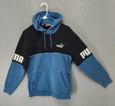 Puma Hoodie Mens Small Blue Black Colorblock Pullover Sweatshirt Spell Out Logo