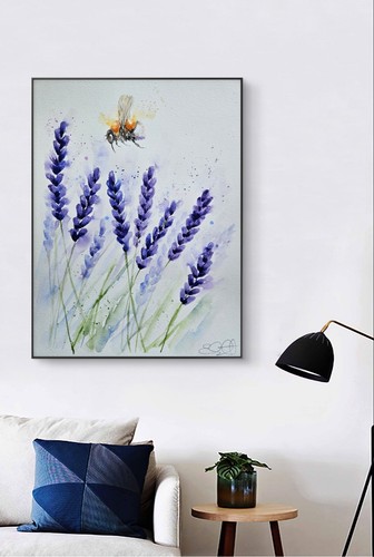 Large New original signed watercolour painting by Elle Smith Art. Bee & Lavender - Picture 3 of 8
