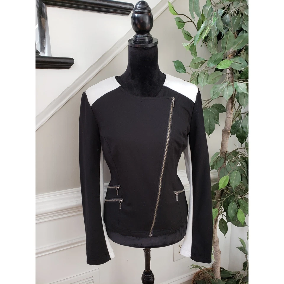 Chaqueta Moto INC International Concepts Negra Blanca L Estilo Cremallera Asimétrica Foto 2 de 4