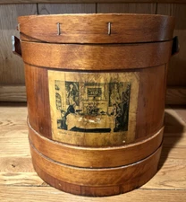 Farmhouse ANTIQUE WOOD FINGER BANDED FIRKIN 10" handle/pegs Darby Joan WD.SADLER