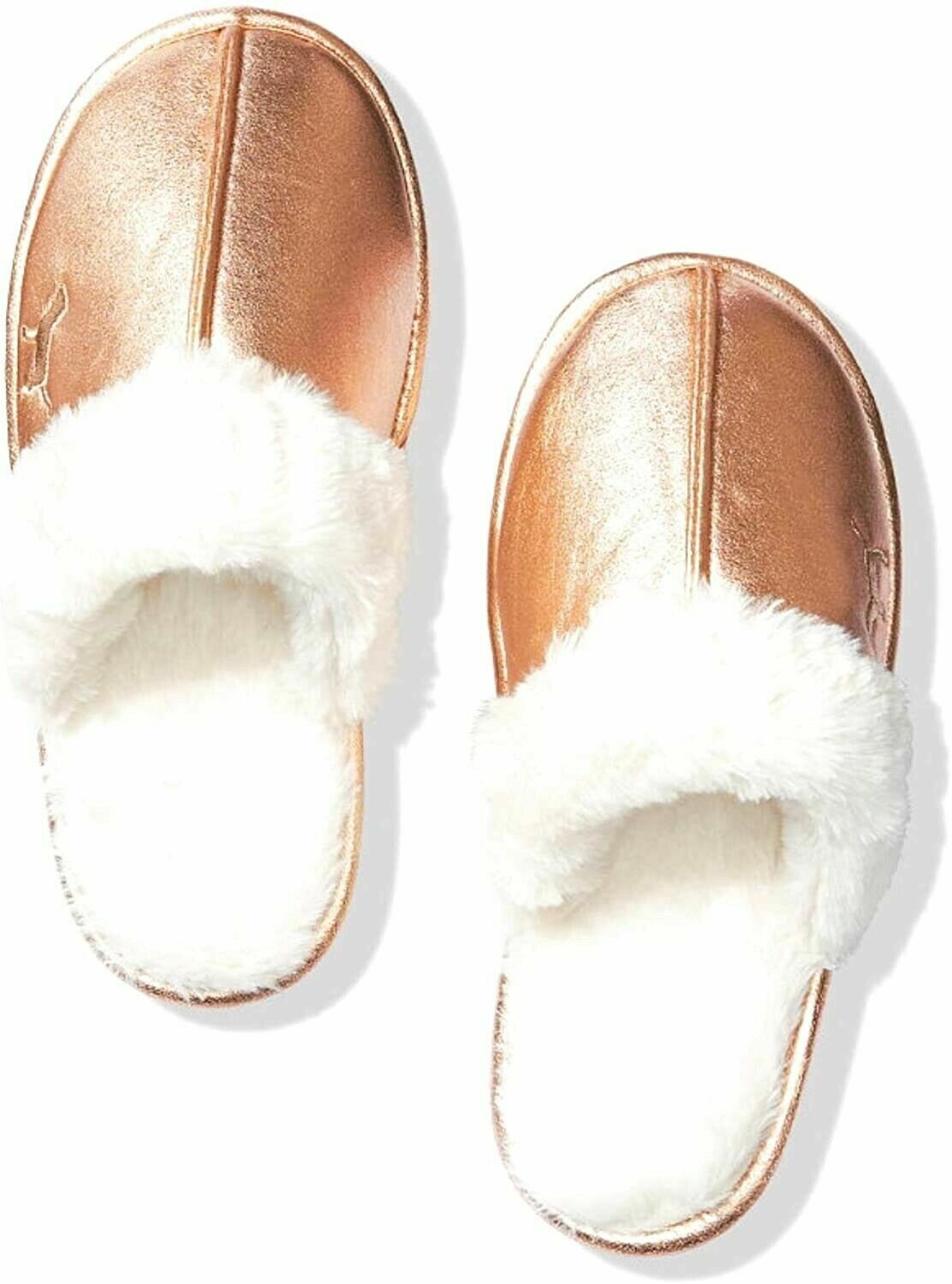 PANTOFOLA D’ORO Nuove pantofole Victorias Secret rosa sonno pelliccia sintetica metallizzate scivoli oro rosa sm