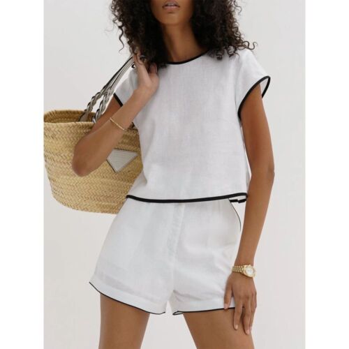 Commense Chic White Cotton Two-Piece Set Crop Top and Shorts Casual Outfit S