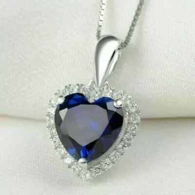 3.00CT Heart Cut Moissanite Blue Sapphire Pendant Necklace 14K White Gold Plated