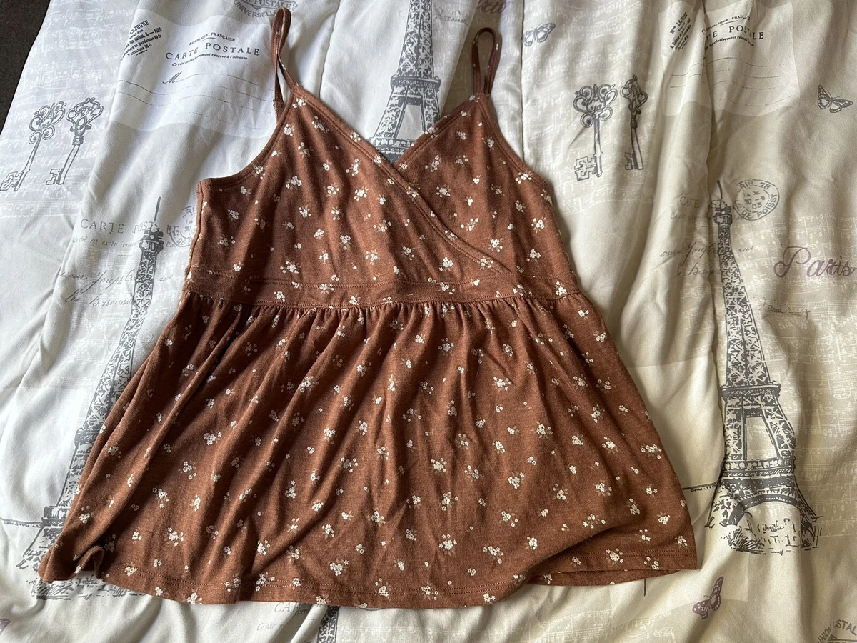 Cottagecore Hollister Brown Floral Smocked Wrap Front Babydoll Cami Women's  S