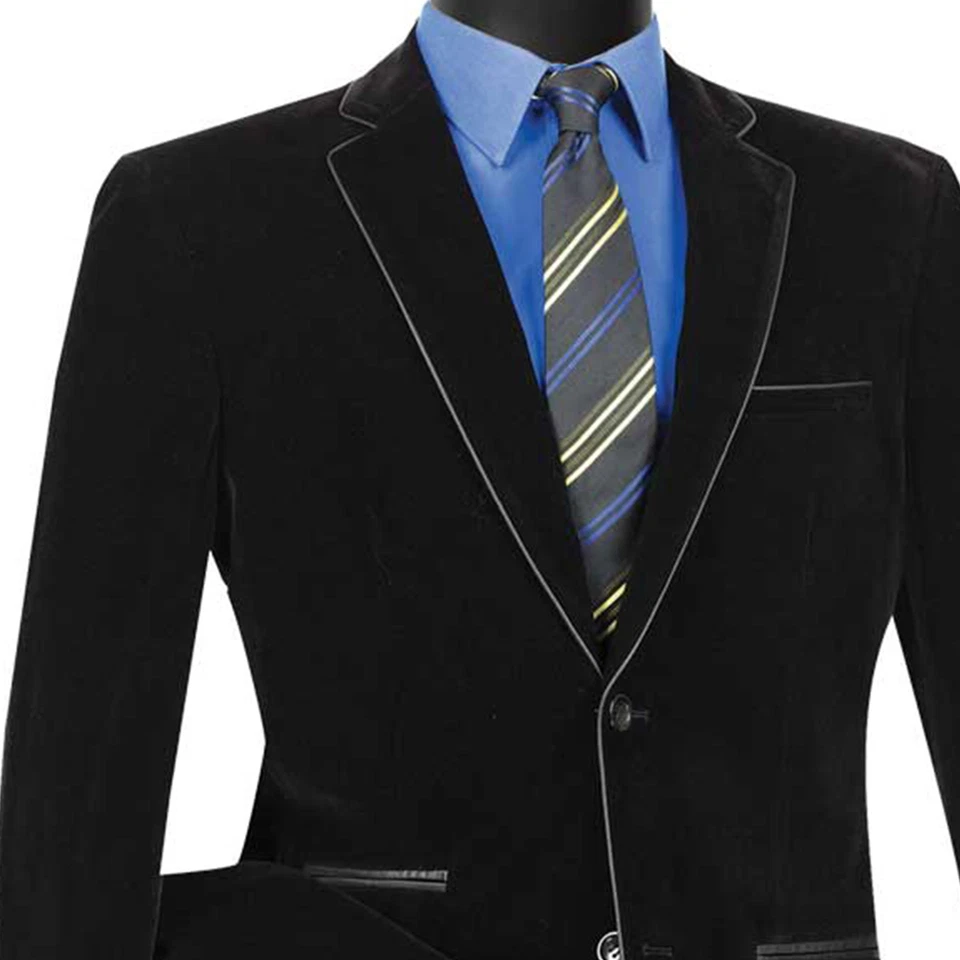 Blazer VINCI Para Hombre Terciopelo Negro 2 Botones Calce Ajustado con Borde de Cuero NUEVO Foto 2 de 2