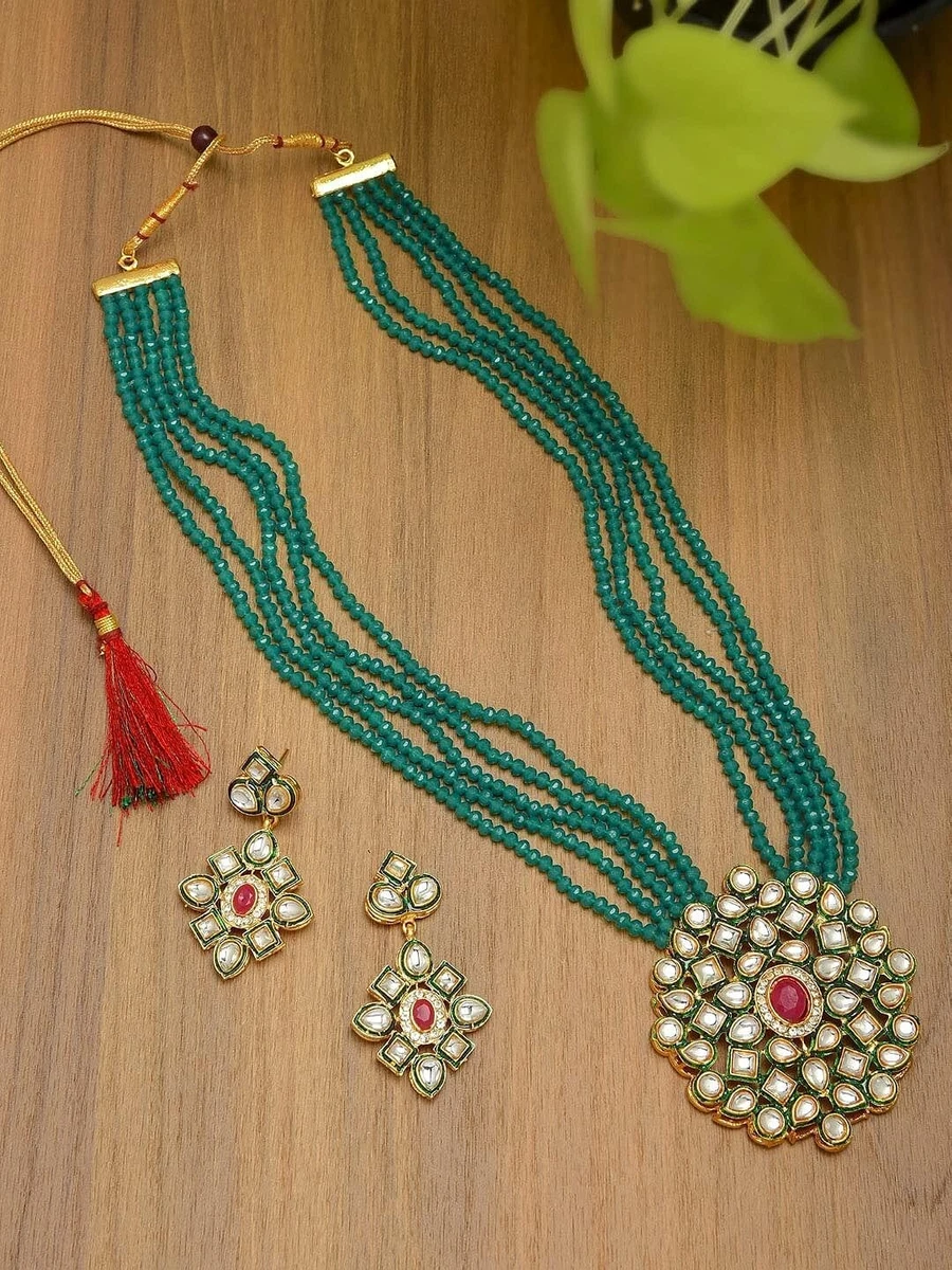 Crystal Shine Multistrand Green Beads Ethnic Kundan Necklace