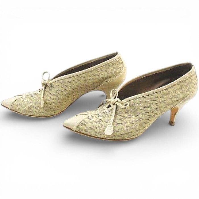 HERMES Luxury Brand Lace-Up Pumps H Pattern 2.8in Canvas Leather Beige Pre-owned