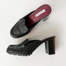 Vintage 90s Y2K Black Leather Schoolgirl Mules Tommy Heeled Loafers Size 7.5