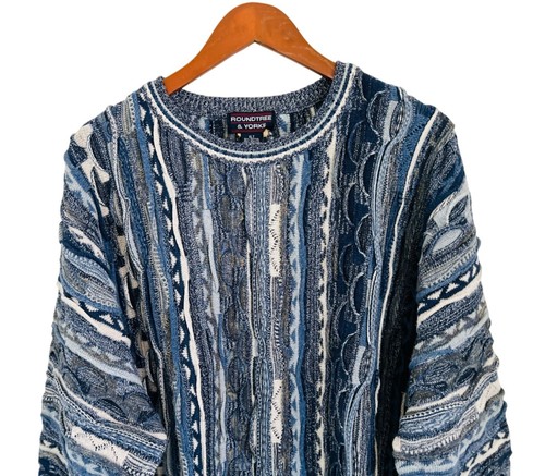 Roundtree & Yorke 3D Sweater XLT Blue & White Textured Knit Sweater Cotton/Acryl - Picture 2 of 9