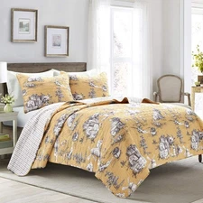French Country Toile Cotton Reversible 3 Piece Quilt Set, Yellow & Gray, King