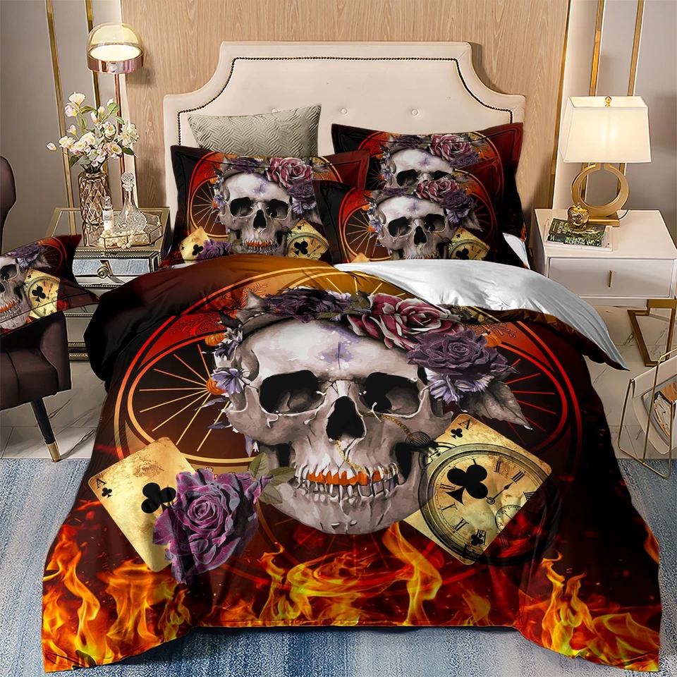 WONGS BEDDING Skull Duvet Quilt Cover with Pillow Cases Single Double King Size Bedding Set UK