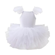 Girls Dance Tutu Dresses Ruffle Sleeve Snap Crotch Ballet Leotards 3-4T White
