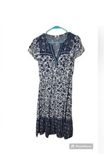 Gap Blue floral Split Neck Midi Dress Medium Ruffle Hem no slit short sleeve