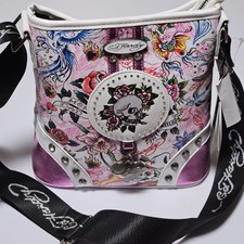 Ed Hardy Crossbody Bag Skull Roses Pink White Tattoo Print Pink White Y2K Style