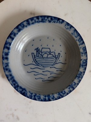 Handmade Pottery Noah s Ark Plate Signed 1997 Blue Gray Studio Art Dish 8 Inch