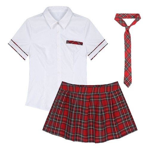Damen Schulmädchen Set Schule Rollenspiel Kostüm Uniform Hemd mit kariertem Rock - Bild 182 von 188