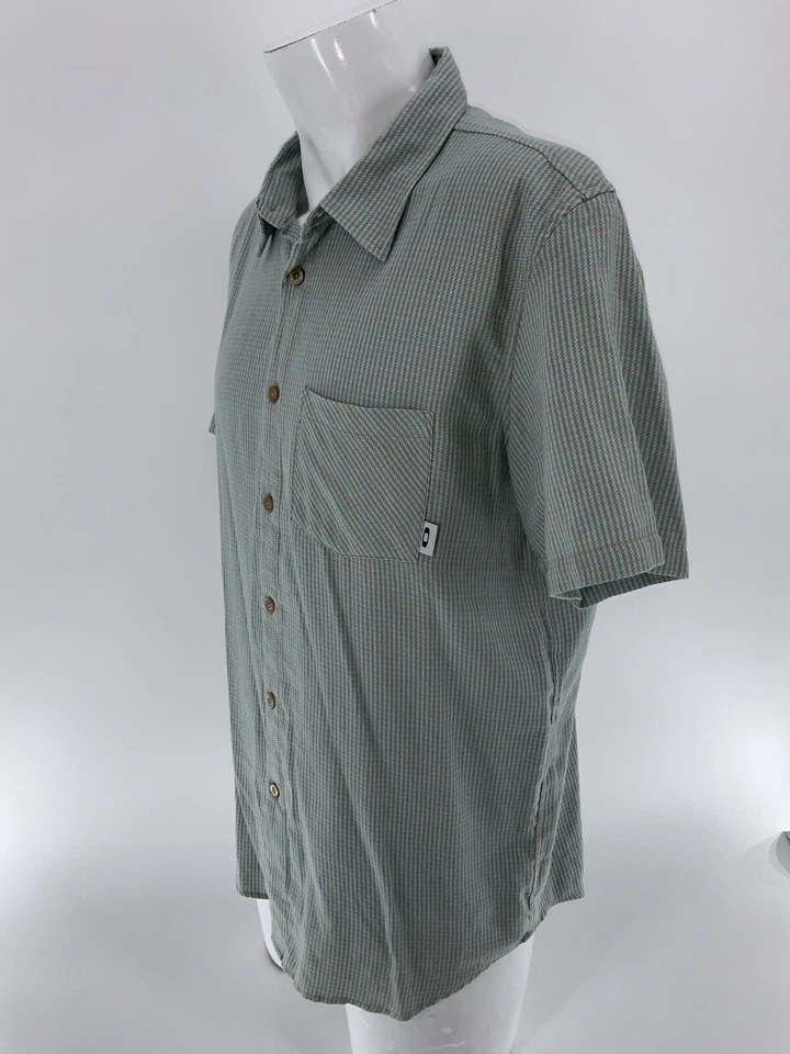 Oakley 纽扣衬衫 L 男式蓝色棕色格子棉质聚乙烯短袖 YGI W3-17 — 第 4/4 张图片