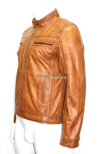 NEW Style Men's Genuine Lambskin Real Leather Jacket Premium Tan Motorcycle Coat - Picture 3 of 9