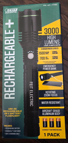 FEIT ELECTRIC Rechargeable 3000/1500/700 Lumens Water Resistant Flashlight - NEW