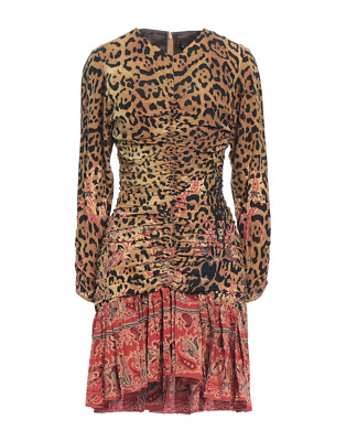 Etro reine Seide Leopard Paisley Print Langarm Minikleid UK 14 US 10 neu mit Etikett