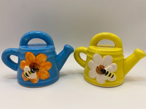 Ceramic Watering Can Salt And Pepper Shakers Flower Bee CUTE ! - Picture 1 of 8