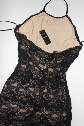Neu Bebe schwarz beige Krawatte Spitze Neckholder hinten offen sexy Club Top Kleid L Large 8 10 - Bild 9 von 10