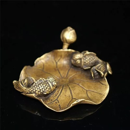 Collect Old Chinese Incense Holder pure copper Hand-made Lotus leaf Fish Stick - 第 1/9 張圖片