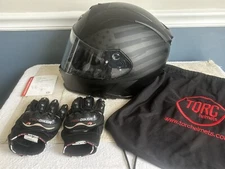 Torc Motorcycle Helmet Black Flag Pattern Size M - Model T14 With Gloves And Bag