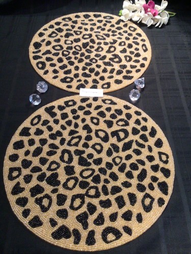 SUN CANYON beaded Placemats Animal Print Black Gold Tan 2 PC Set