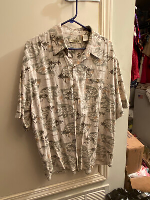 Summa Silk Button Up Shirt Mens XL Beige Short Sleeve Palm Trees Beach EUC