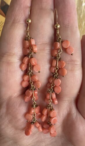 Handmade Peach Coral Beaded 3.25” Long Dangle Earrings Yellow Gold Filled - Picture 3 of 7