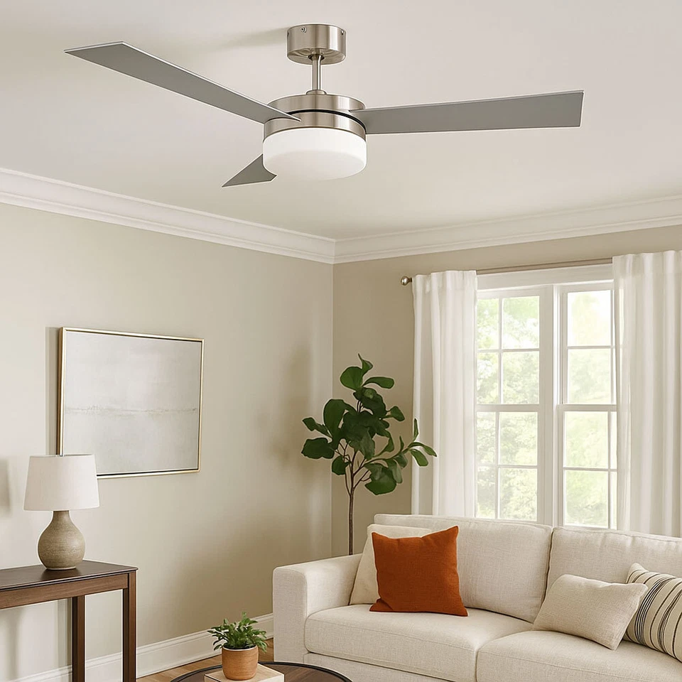 Ventilatore da Soffitto Lampada Luce MDF Nichel Vetro Nel Ritorno Pale - Immagine 3 di 4