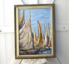 Sail Boats Oil Painting, Signed by Hetherington, Large Original Seaside Artwork