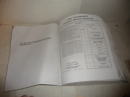 1986 Oldsmobile Firenza Calis Cutlass Ciera Delta 88 98 Shop Manual Volume 1 - Picture 7 of 7
