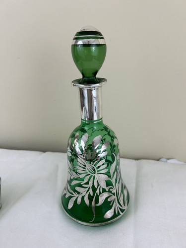 DE COLECCIÓN jarra de licor VENECIANO de vidrio verde con 6 vasos superposición de plata - Imagen 5 de 19
