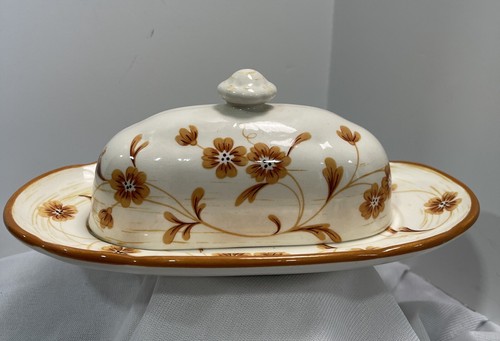 Metlox Poppytrail Covered Butter Dish Cinnamon Patten. Orange Florals. EUC - Picture 2 of 9