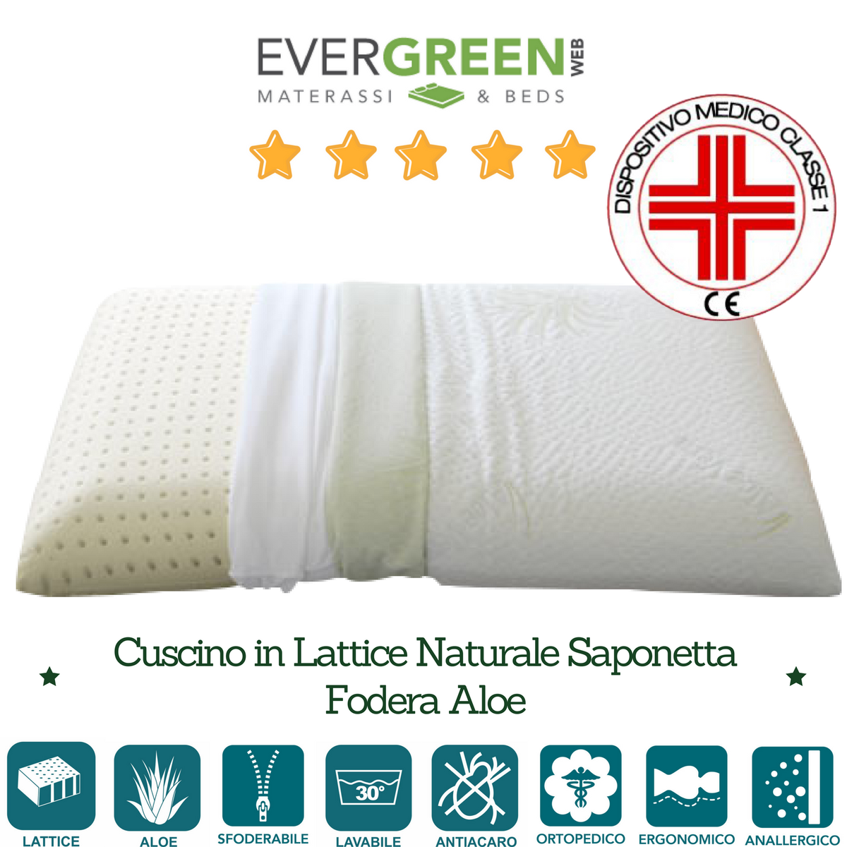 Coppia Cuscini Memory Foam Con Aloe Vera - Altezza 15cm, Anallergici E Antiacaro, Made In Italy