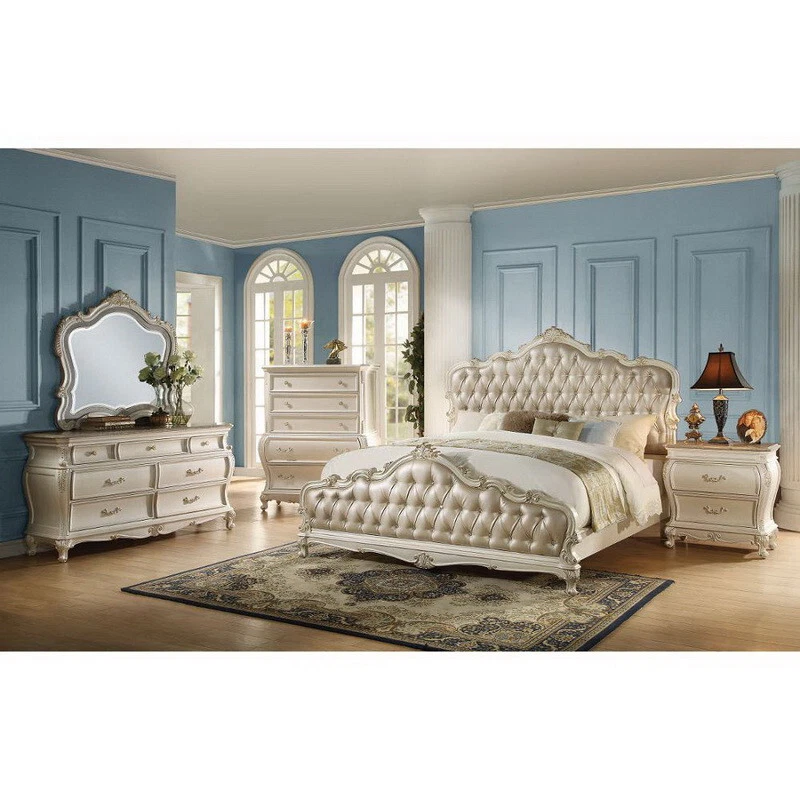 Mesita de noche ACME Chantelle con tapa de granito blanco perla mesa auxiliar cofre Foto 3 de 4