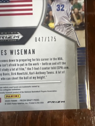 James Wiseman 2020 Panini Prizm Draft Picks Blue Fast Break Rookie RC #42 /175 - Picture 7 of 7
