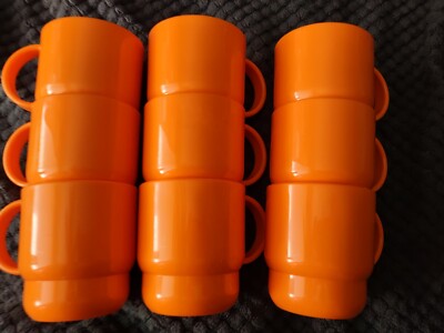 Vtg Set of 9 Tupperware Stackable Coffee Tea Cups Mugs Orange 22248 -3
